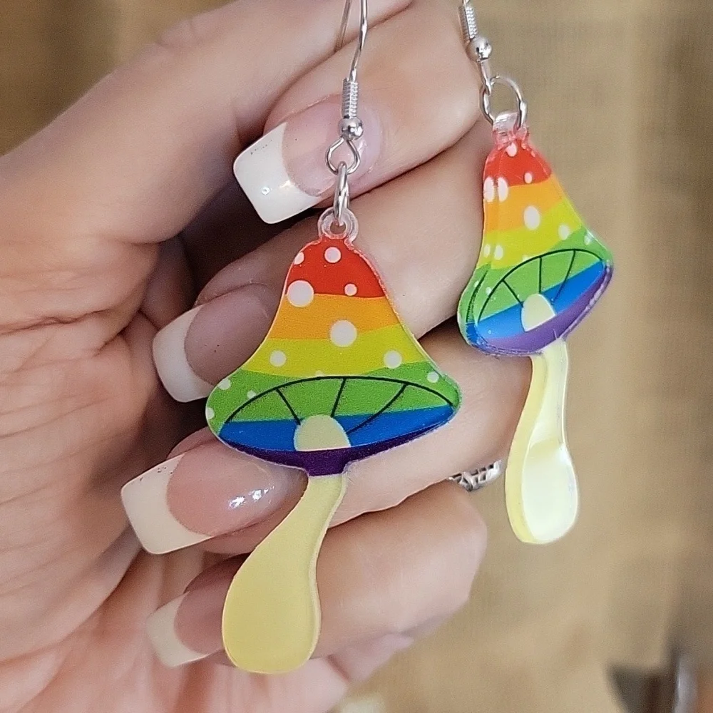 Rainbow Mushroom Drop Earrings - Picture 3 of 5